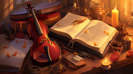 Violin and music book background with an abstract vintage retro texture showing a musical instrument used for classical orchestral music, computer Generative AI stock illustration image