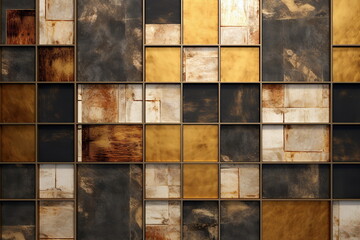 Mosaic background, gold and stone cubes pattern, modern shiny metal and stone blocks, tiled backdrop. Created with generative Ai