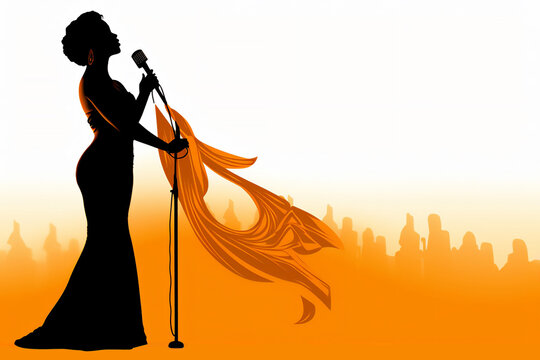 Female diva vocalist singing with a microphone which is used by a singer in a performance at a concert in a hall or club, Generative AI stock illustration image