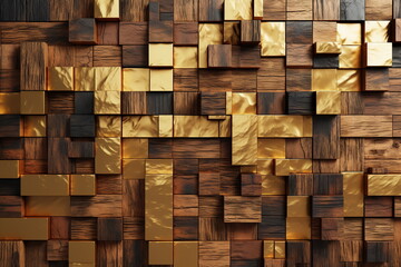 Mosaic background, gold and wood cubes pattern, modern shiny metal and wooden blocks, tiled wall backdrop. Created with generative Ai