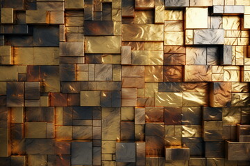 Mosaic background, gold and copper cubes pattern, modern shiny metal blocks, tiled wall backdrop. Created with generative Ai