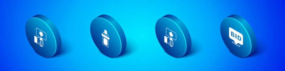 Set Isometric Hand holding auction paddle, Bid and Auction auctioneer sells icon. Vector