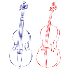 Continuous line drawing of an early cello and a modern cello, isolated on white. Hand drawn, vector illustration