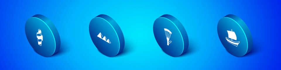 Set Isometric Egypt mummy, Egyptian lotus, ship and pyramids icon. Vector