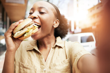 Burger, eating and black woman in selfie, city and restaurant for outdoor promotion, social media...