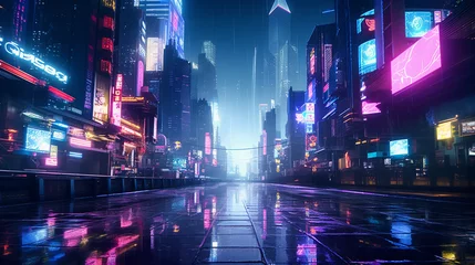  Cyberpunk cityscape, hyper - futuristic commercial district, neon lights, flying cars, skyscrapers with digital billboards, rainy, reflective surfaces, night time © Marco Attano