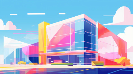 Digitally illustrated postmodern office building, geometric shapes, vibrant colors, playful yet sophisticated, 2D flat design, clear sunny day