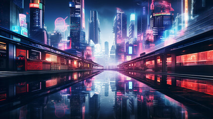 Cyberpunk cityscape, hyper - futuristic commercial district, neon lights, flying cars, skyscrapers with digital billboards, rainy, reflective surfaces, night time