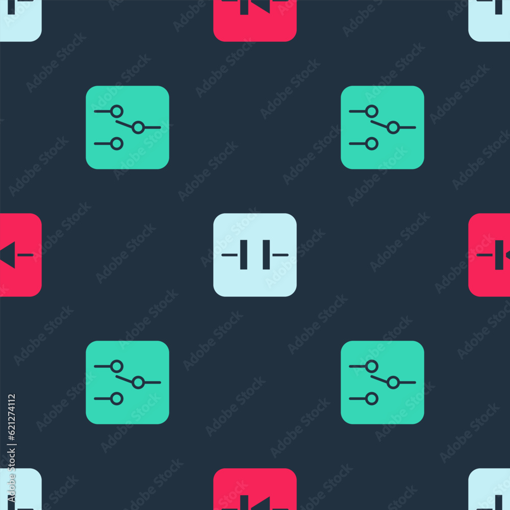 Sticker set diode in electronic circuit, electrolytic capacitor and switch on seamless pattern. vector