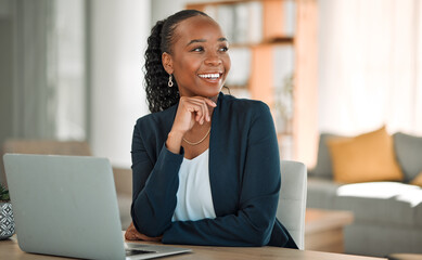 Thinking, laptop and black woman with ideas doing remote work for business growth or future dream in a home office. Smile, happy and corporate employee or worker planning a project or goal online