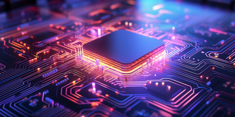 A dazzling 3D rendering of a microchip, electron paths visible, lights pulsating along the circuits, illustrating the heart of modern innovation, luminescent colors - obrazy, fototapety, plakaty