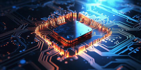 A dazzling 3D rendering of a microchip, electron paths visible, lights pulsating along the circuits, illustrating the heart of modern innovation, luminescent colors