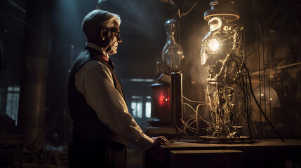 Fototapeta na wymiar A dramatic scene of an inventor unveiling a mechanical humanoid, Edison bulbs casting dramatic shadows, steampunk aesthetics