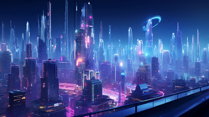 A futuristic cityscape, radiant with neon lights, holograms of remarkable inventions suspended in air, cutting - edge technology abounds