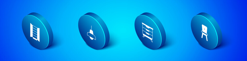 Set Isometric Wardrobe, Furniture nightstand, Chair and Lamp hanging icon. Vector