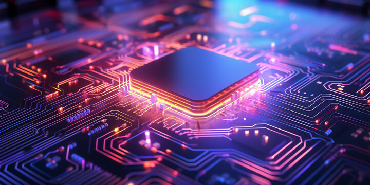 A dazzling 3D rendering of a microchip, electron paths visible, lights pulsating along the circuits, illustrating the heart of modern innovation, luminescent colors