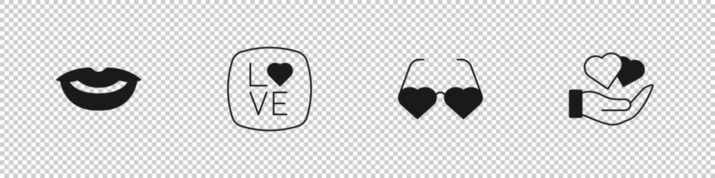 Set Smiling lips, Love text, Heart shaped love glasses and hand icon. Vector