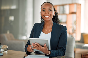 Lawyer, portrait and black woman with tablet in office for research, email and smile. African...