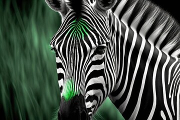 Fototapeta na wymiar close-up portrait of a zebra against a vibrant green background. Generative AI