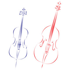 Continuous line drawing of a cello and a double bass, isolated on white. Hand drawn, vector illustration music concept