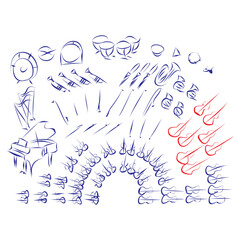 Continuous line drawing of classical music instruments position in an orchestra, isolated on white. Hand drawn, vector illustration music concept