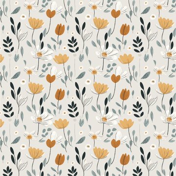 Seamless pattern of minimalist line art flowers