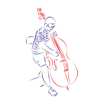 Continuous line drawing of a young musician playing double bass. Hand drawn, vector illustration music concept
