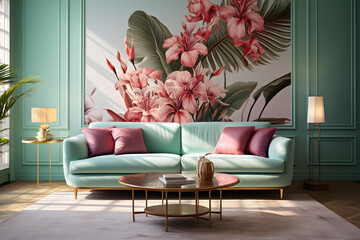 Tropical flower plant wallpaper in a light turquoise and light pink living room, art deco-inspired composition with beautiful light and shadows. AI Generated Technologie
