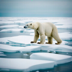 An AI-drawn image of a polar bear trapped on a glacier that broke off due to global warming. Stock image.	