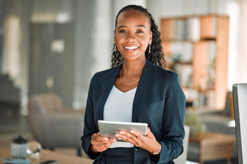 Portrait, lawyer and black woman with tablet, smile and happy in office workplace. African...