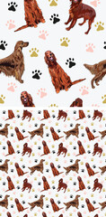 Seamless Irish setter dogs with paws pattern, holiday texture. Square format, t-shirt, poster, packaging, textile, socks, textile, fabric, decoration, wrapping paper. Trendy hand-drawn dogs wallpaper.