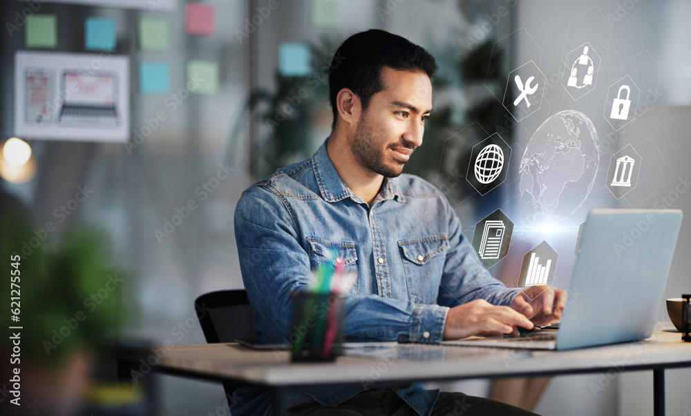 Poster businessman, laptop and cybersecurity overlay with futuristic hologram, data safety or software deve