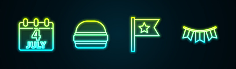 Set line Calendar with date July 4, Burger, American flag and Carnival garland flags. Glowing neon icon. Vector
