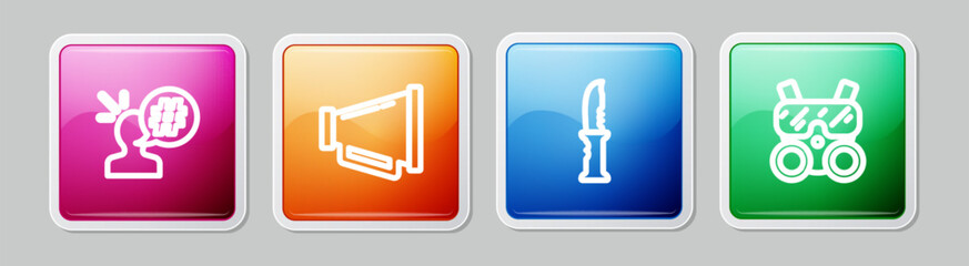 Set line Protest, Megaphone, Military knife and Gas mask. Colorful square button. Vector
