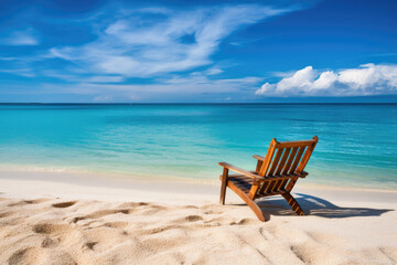 Fototapeta na wymiar Beach chairs on the white sand beach with cloudy blue sky and sun