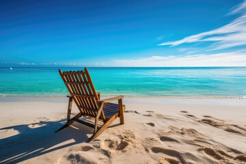 Fototapeta na wymiar Beach chairs on the white sand beach with cloudy blue sky and sun