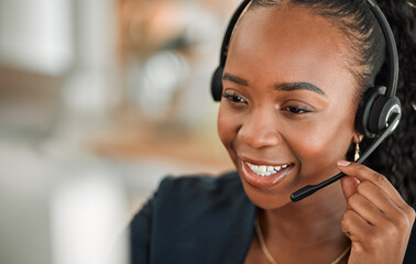 CRM, telemarketing and black woman with headphones, call center and telecom sales with help. Female...