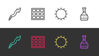 Set line Snake, Chocolate bar, Sun and Tequila bottle on black and white. Vector