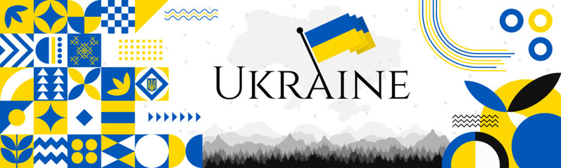 Ukraine Independence Day abstract banner design with flag and map. Flag color theme geometric pattern retro modern Illustration design. Blue and Yellow flag color template. - obrazy, fototapety, plakaty