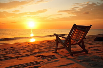 Fototapeta premium Beach chairs on the white sand beach at sunset