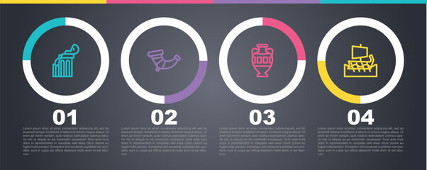 Set line Broken ancient column, Hunting horn, Ancient amphorae and Greek trireme. Business infographic template. Vector
