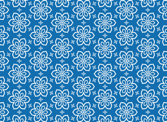 Thai white flower pattern on a bright blue background, elegant, classic, vintage style, retro is a vector used in backgrounds, publications, wallpapers, decorations, textiles, clothing, tiles, carpet
