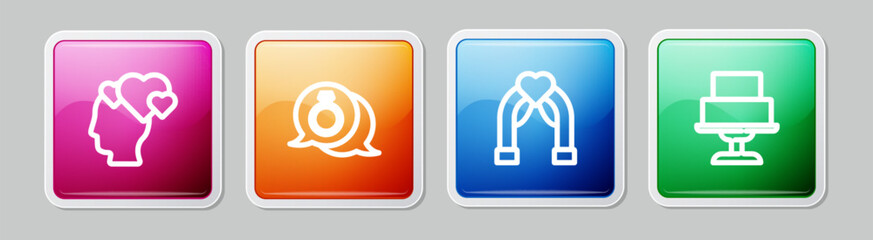 Set line Head with heart, Diamond engagement ring, Wedding arch and cake. Colorful square button. Vector