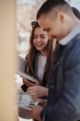 Close up of smiling and looking for books