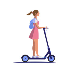 A young lady riding a kick scooter isolated flat vector illustration