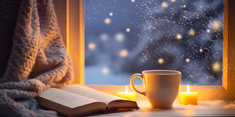 Christmas background. A cup of tea, books, a candle and a knitted scarf on the window background AI Generated - obrazy, fototapety, plakaty