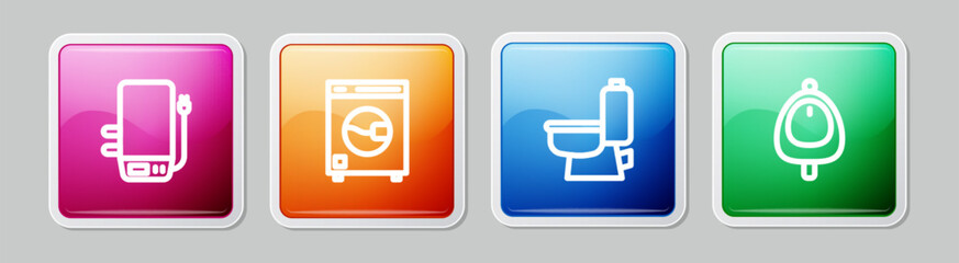 Set line Electric boiler, Washer, Toilet bowl and urinal or pissoir. Colorful square button. Vector