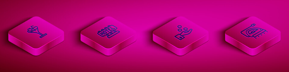 Set Isometric line Martini glass, Signboard with text Hotel, Paying tips and Electric iron icon. Vector