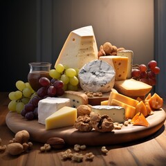 Food photography background square - cheese platter with grapes and nuts on table (Generative Ai)