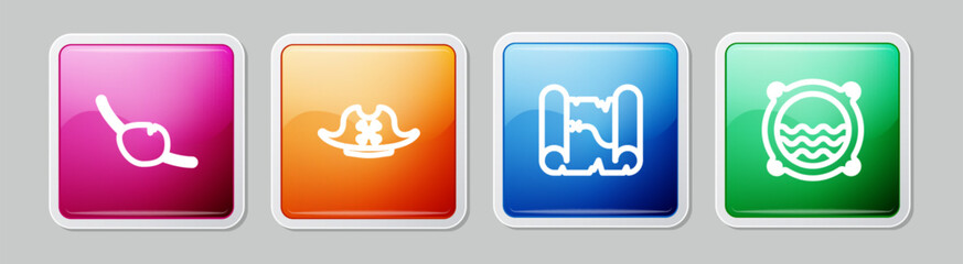 Set line Pirate eye patch, hat, treasure map and Ship porthole with seascape. Colorful square button. Vector
